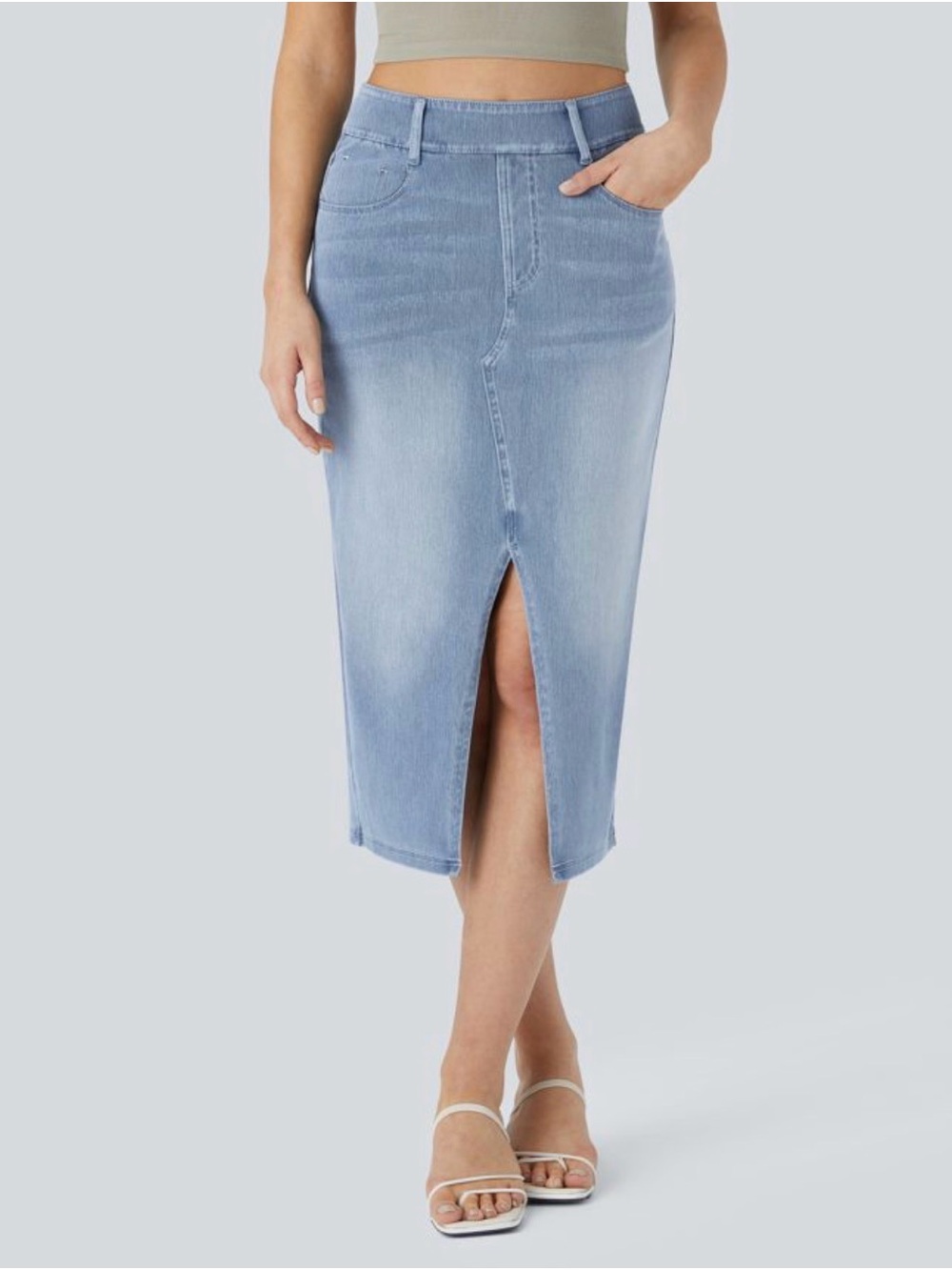 HALARA Light Blue Denim Midi Skirt with Front Slit